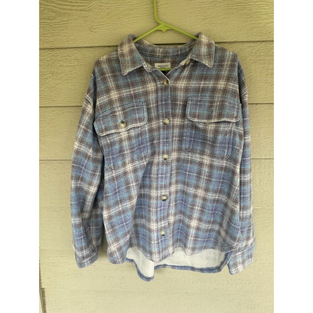 American Eagle Oversized Plaid Fleece & Love Shacket Blue Cream Size Large